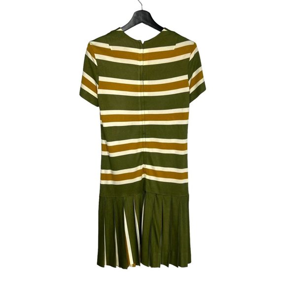 Vintage 60s Eddie Nober Green Short Sleeve Stripe Drop Waist Pleated Dress Small - Picture 2 of 9
